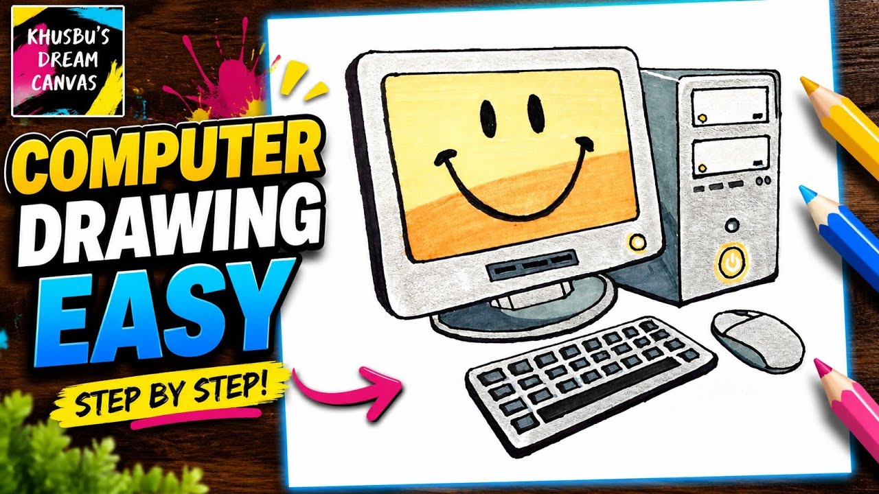 Desktop Computer Drawing for Kids | Easy Step-by-Step Computer Sketch