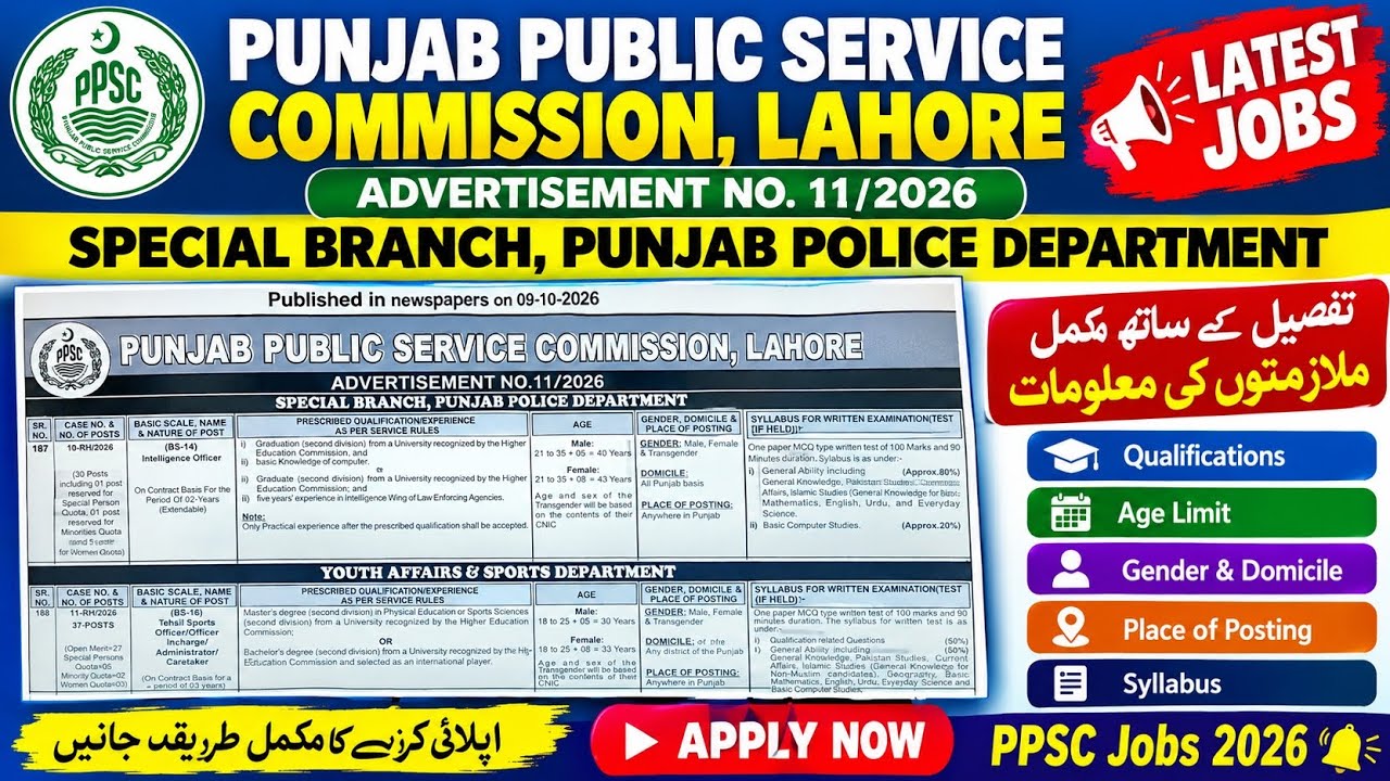 PPSC Advertisement 11/2026 Latest Jobs | Punjab Police & Sports Department