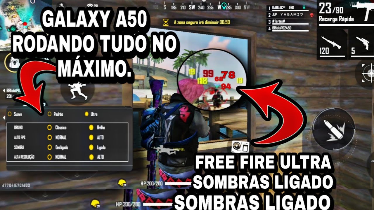 Galaxy A50 est&aacute; travando? free fire ULTRA alto fps SOMBRAS ligado Ranked gravando a tela