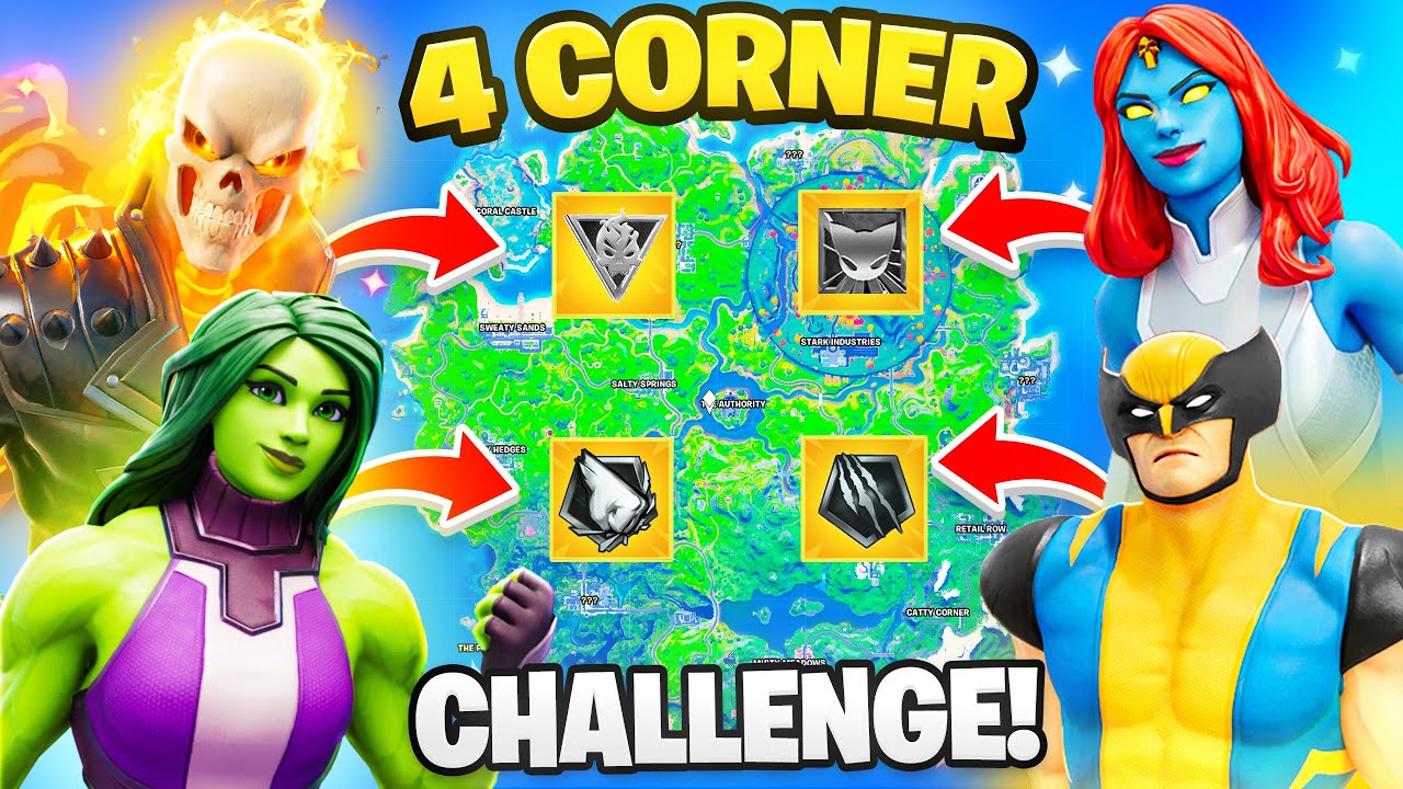 The 4 CORNER MYTHIC BOSS Challenge in Fortnite (Ghost Rider, Mystique, She Hulk, Wolverine)