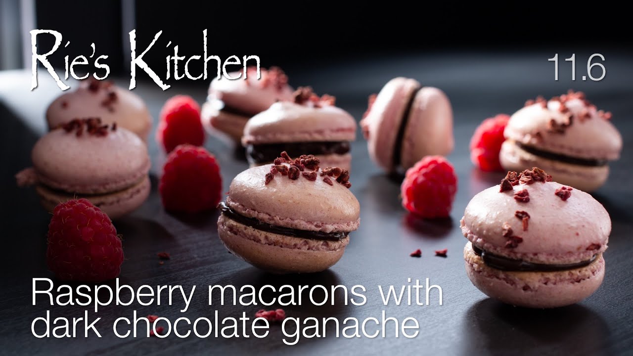 Raspberry macarons with dark chocolate ganache