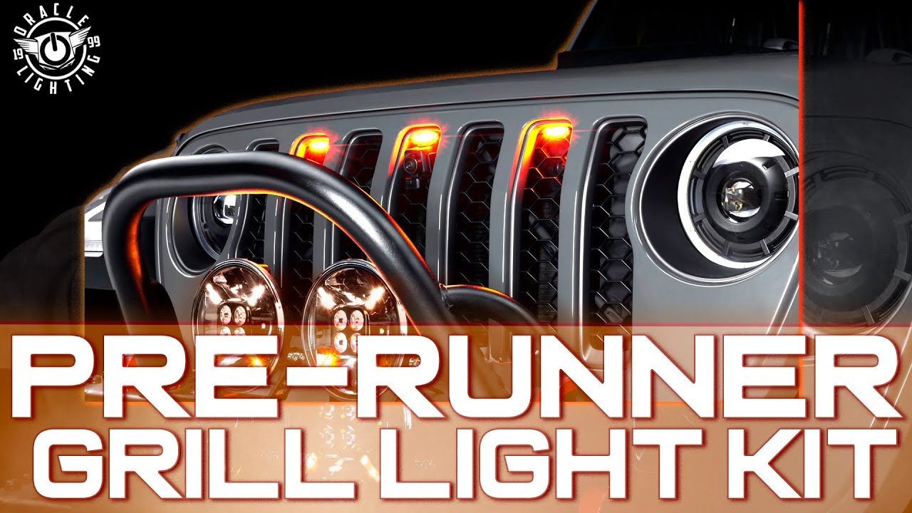 Установка комплекта светодиодных фонарей Pre-Runner для решётки радиатора на Jeep Wrangler и Glad...