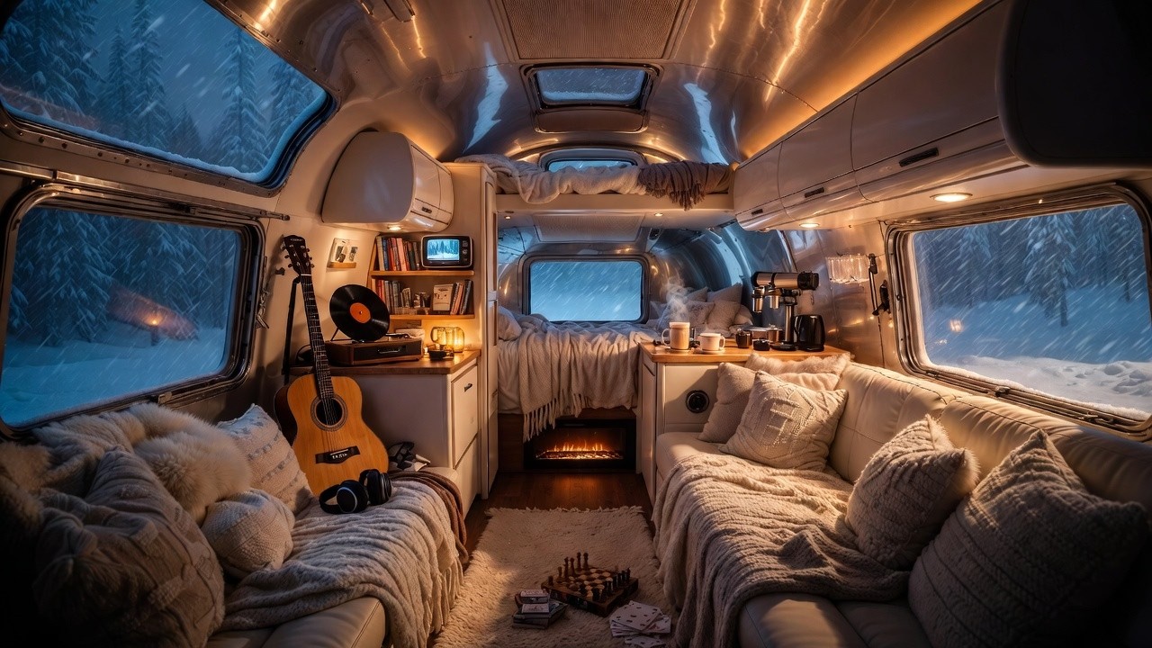 Modern Airstream in a Snowstorm ❄️ Cozy Camper with Fireplace & Entertainment