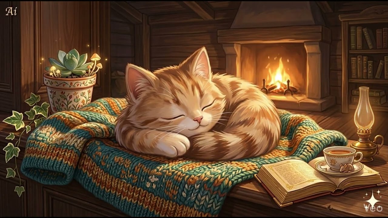 1 Hour Cozy Cabin Ambience with Sleeping Cat & Fireplace Crackling 🐾🔥