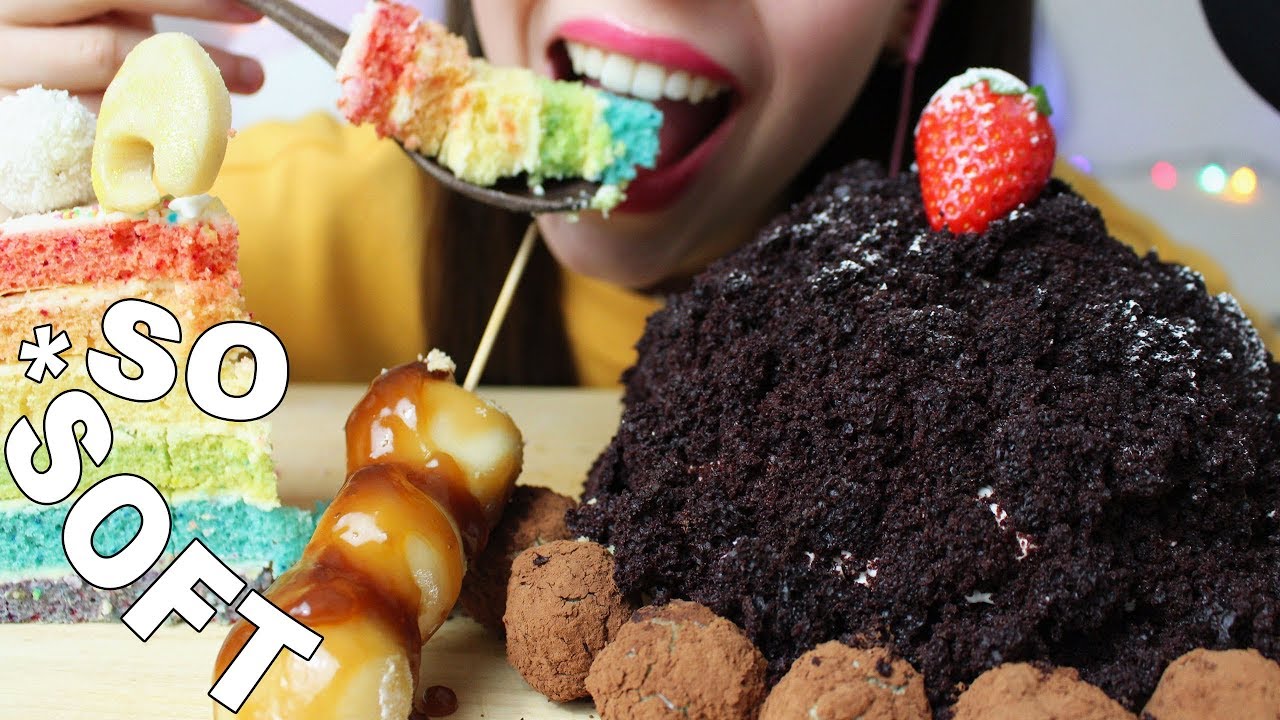 ASMR CHOCOLATE CRUMBLE CAKE + Dango + Rainbow Cake (SOFT Eating Sounds) No Talking