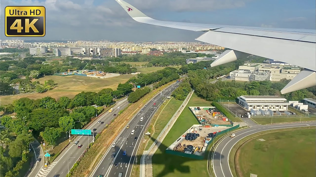 4K - Singapore Changi 🇸🇬 Beautiful Approach, Qatar Airways Airbus A350-1000