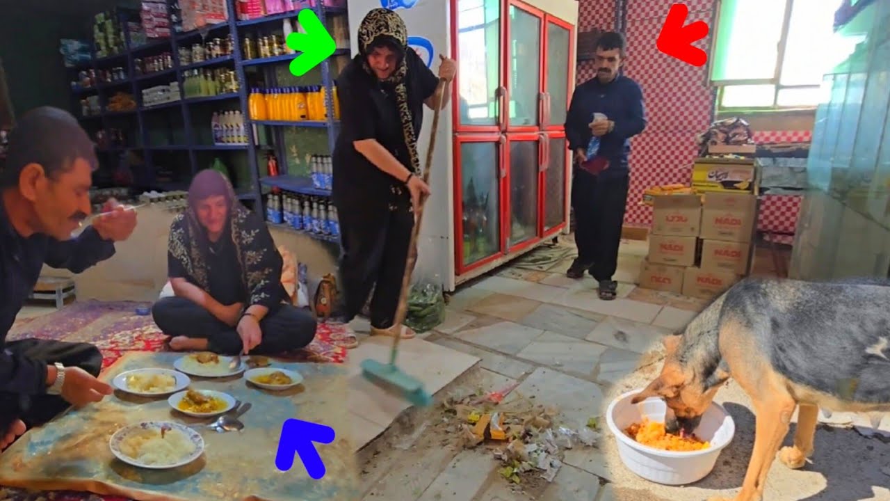Eating a delicious meal cooked by Akbar and Mina and cleaning the shop