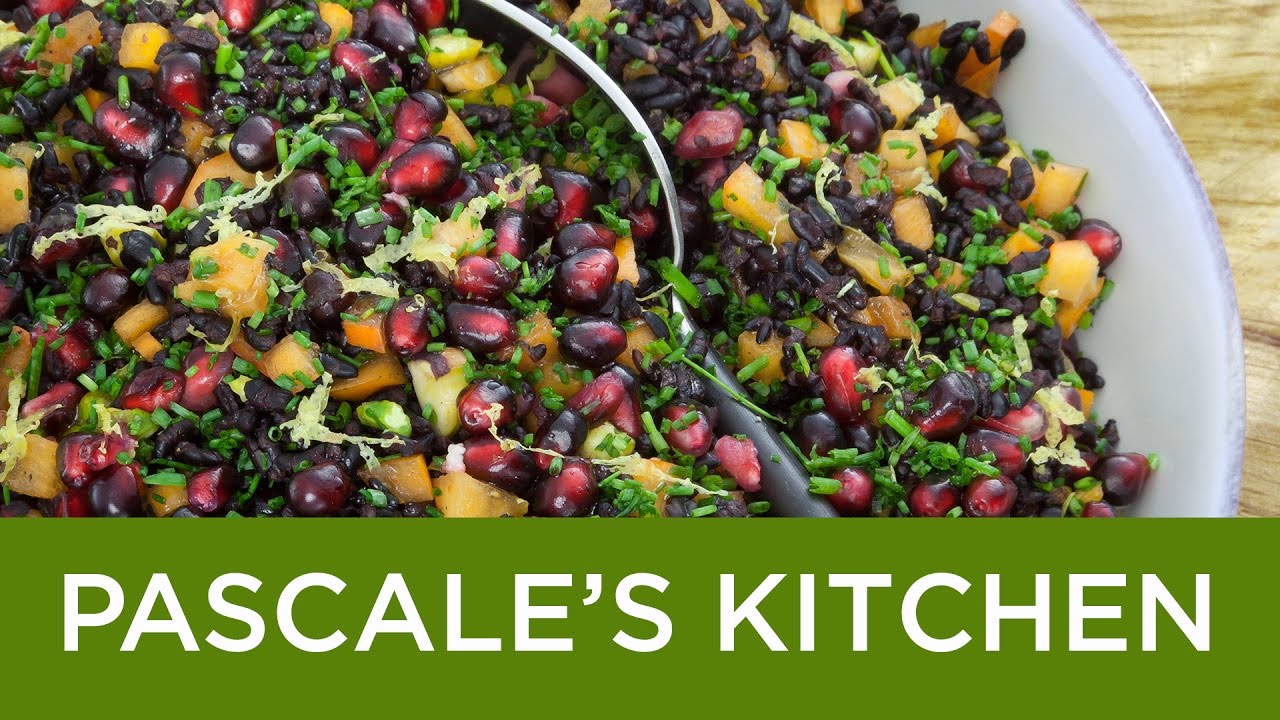 Forbidden Rice Salad. A black rice dish with pomegranates and persimmons.