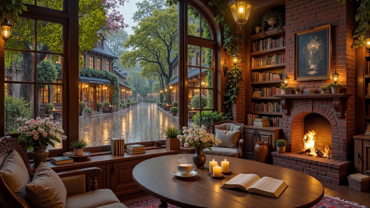 Rainy Day Coffee Shop ☕ Smooth Jazz Music & Warm Fireplace Sounds for Study, Work & Relax