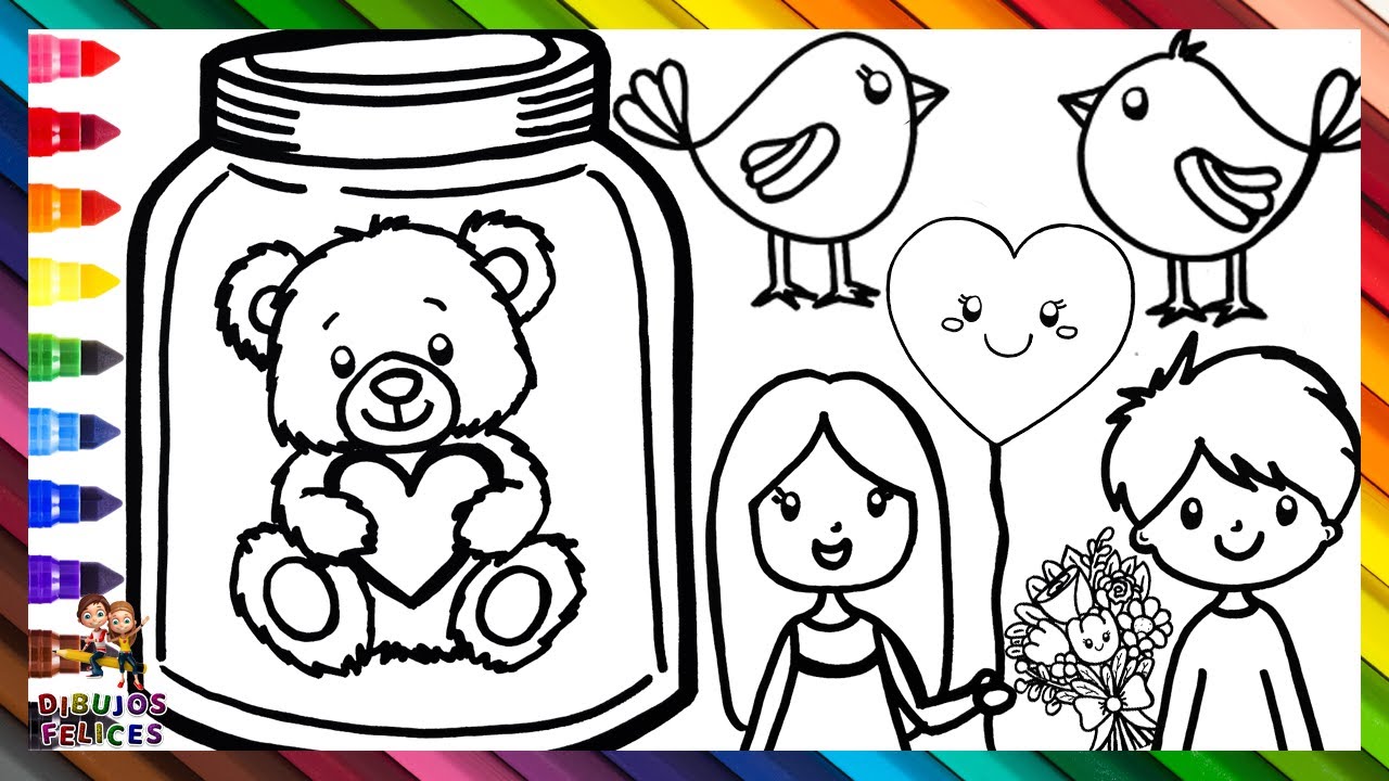 Dibuja y Colorea Dibujos Del Día De San Valentín: Corazón, Osito Y Flores ❤️🧸🐦💐👦👧 Dibujos Para Niños