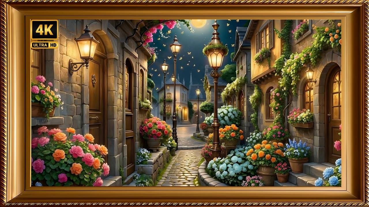 Moonlit Flower Village 4K 🌙 Frame TV Art | Romantic Night Street