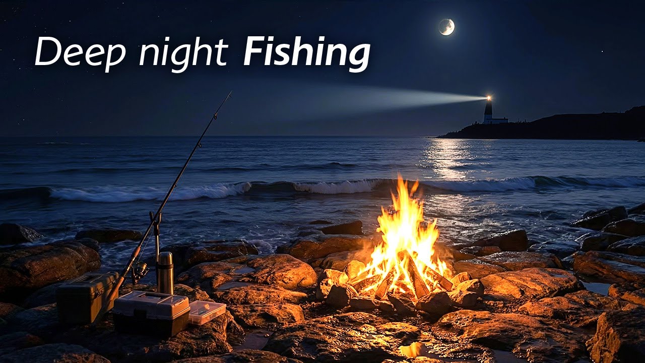 Night Fishing by the Campfire | 1 Hour Calm Ocean Ambience