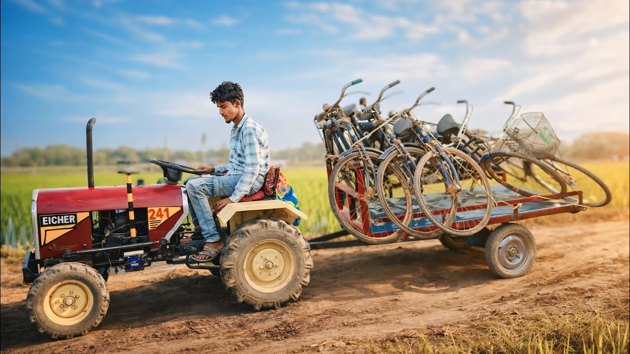 We are carrying a bicycles on a mini Eicher tractor