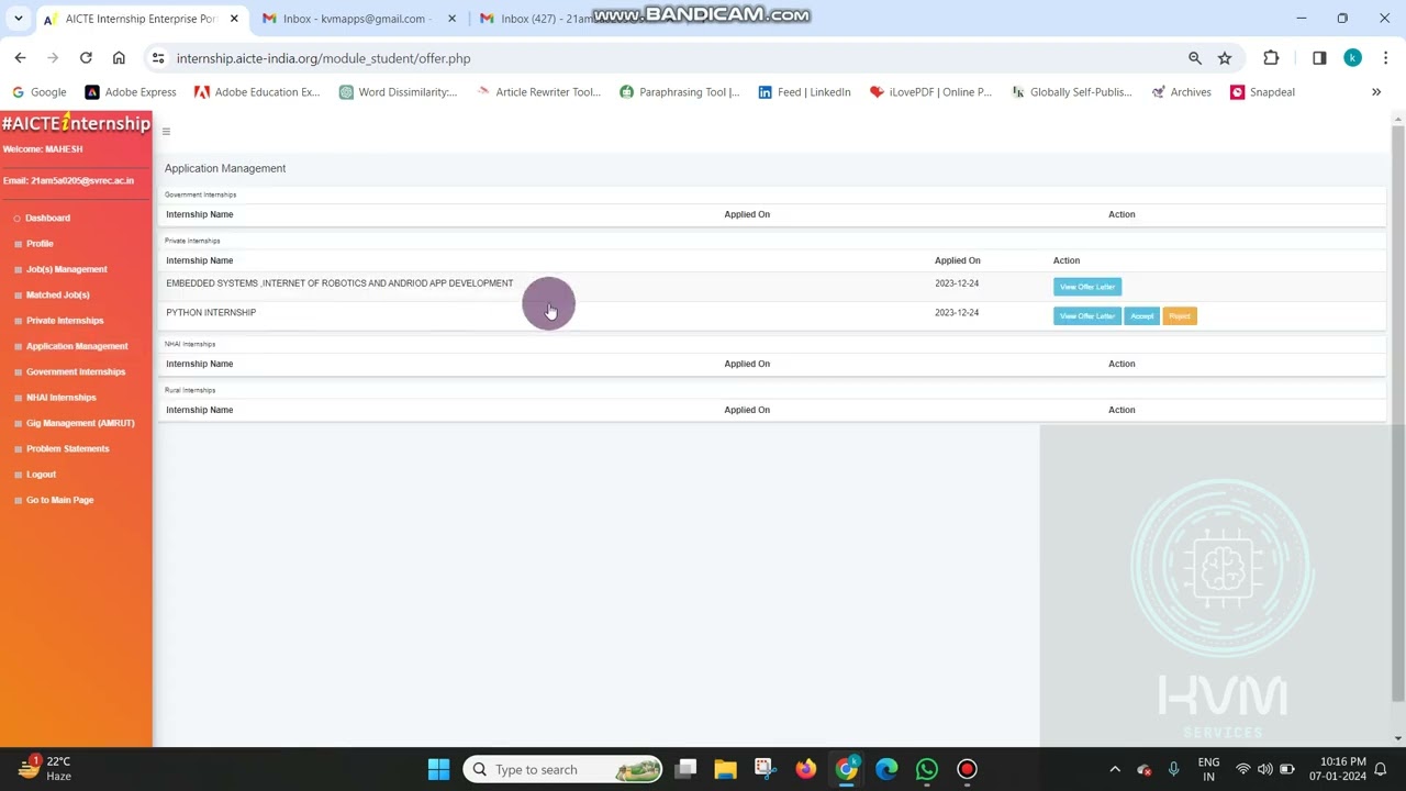 Application status checking process in AICTE Internship Portal