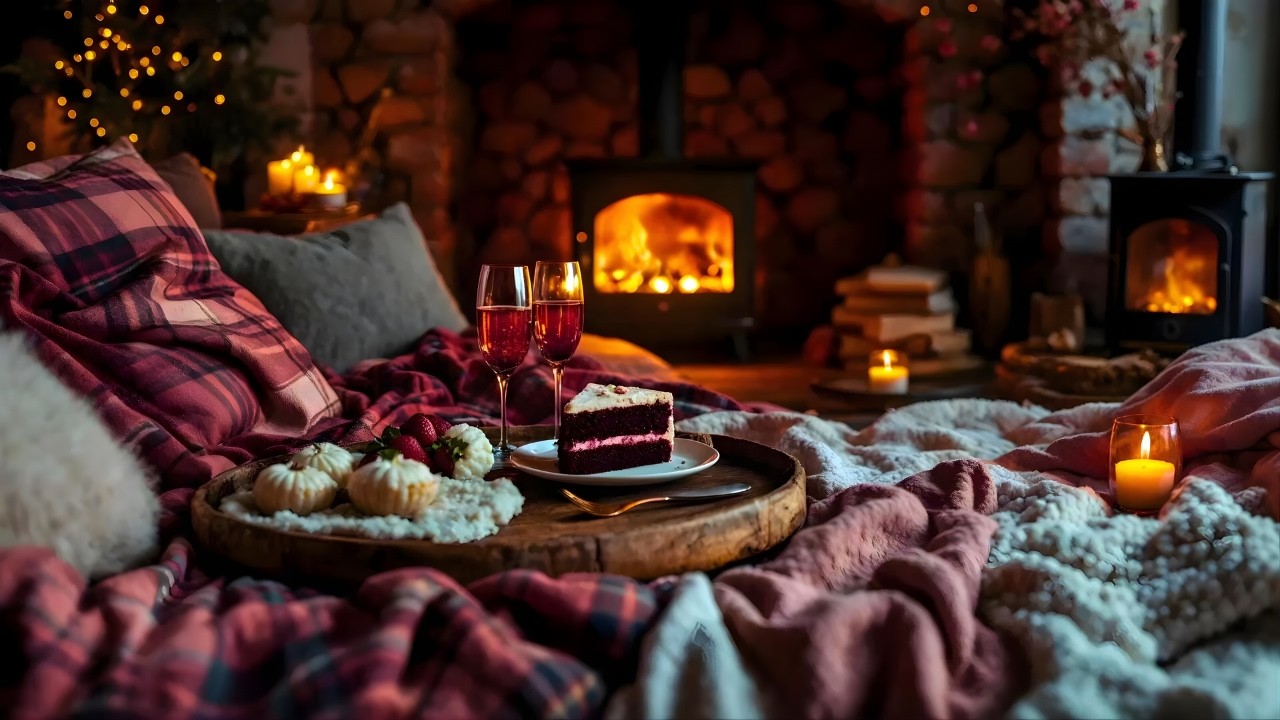 Winter Ambience: Crackling Fire in Pink Cabin with Sweet Treats
