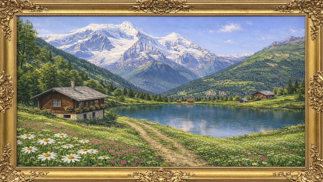 French Alps Oil Painting 4K 🏔️ Vintage Gold Frame Nature Art | Relaxing Frame TV
