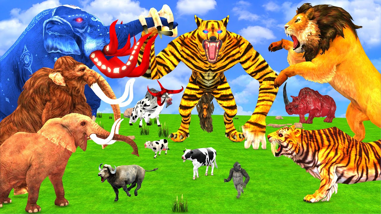 5 Giant Indian Elephant vs Angry Lion vs 3 Giant Tiger wolf Lion fight Cow Saved by Woolly Mammoth