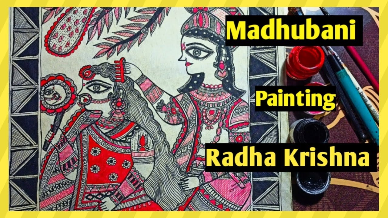 Radha Krishna in Madhubani painting|राधा रानी का श्रृंगार करते हुए श्री कृष्णा  painting with gyan