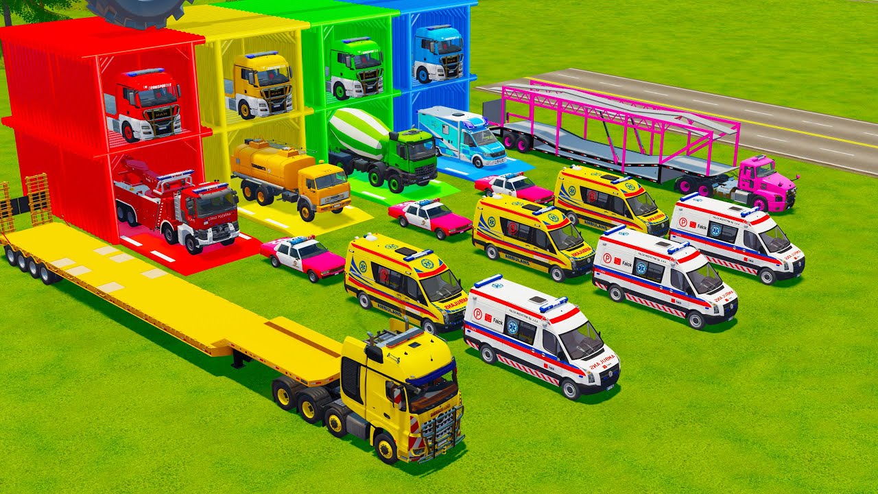 ALL EMERGENCY AND POLICE VEHICLES, CONCRETE MIXER, MILK TRUCK TRANSPORT TO GARAGE - FS22