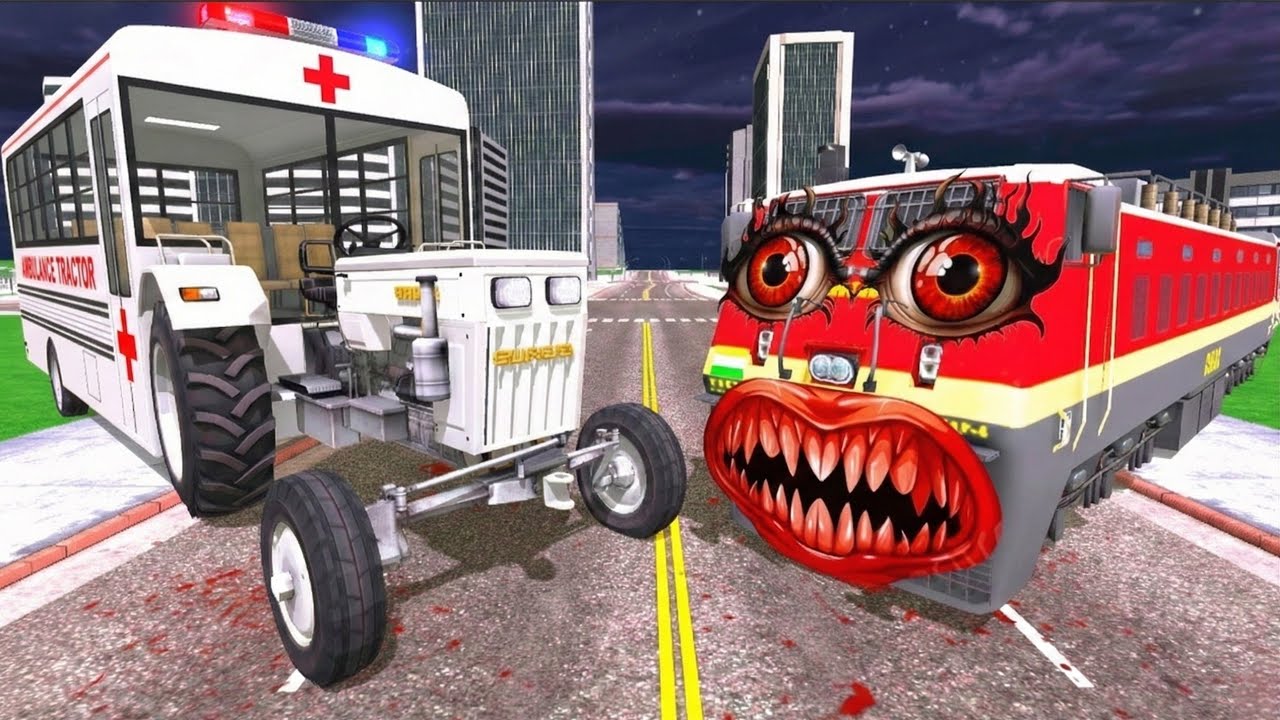Ambulance Tractor vs Red Train in Indian Bikes Driving 3d
