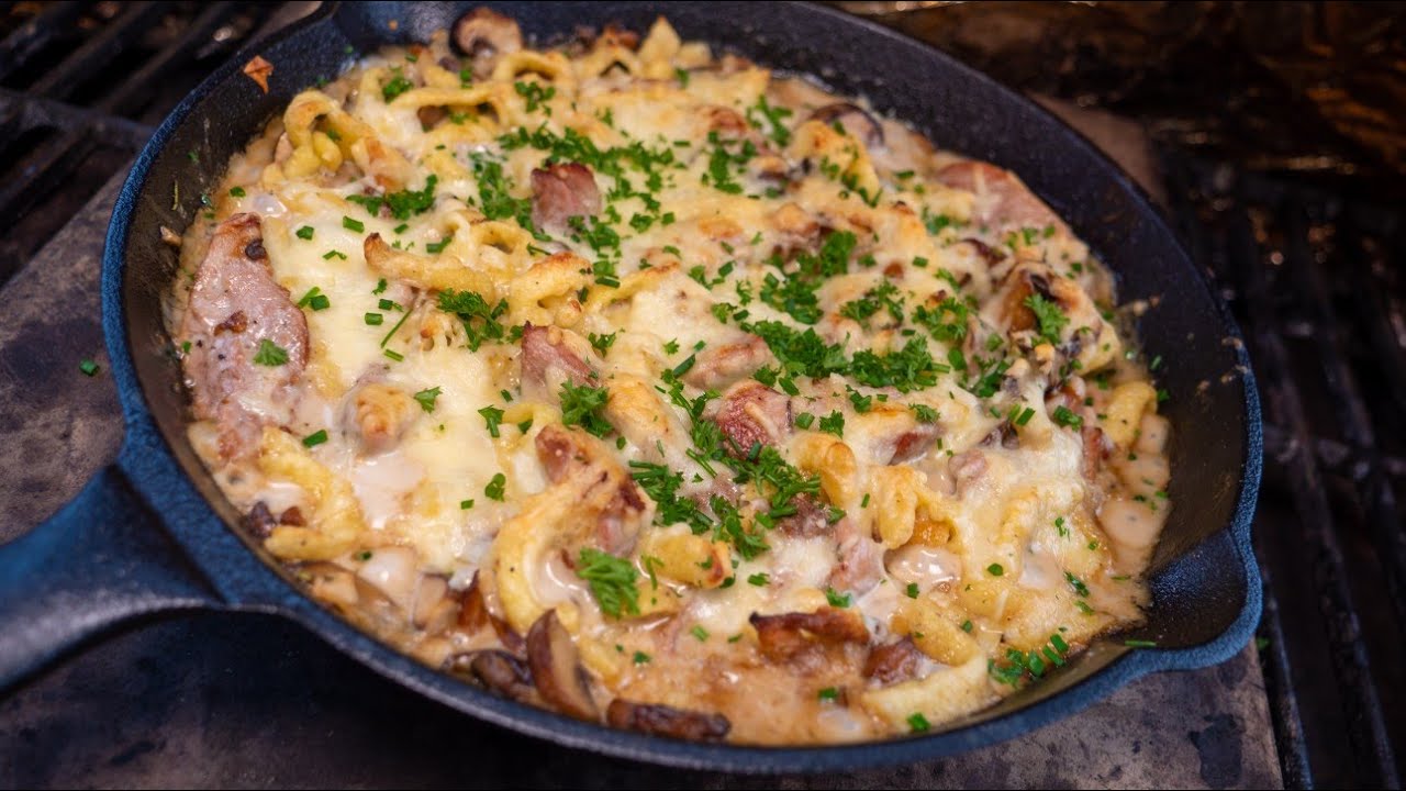 Spätzle Auflauf mit Pilzen und Schweinefilet / Overmont Pfanne