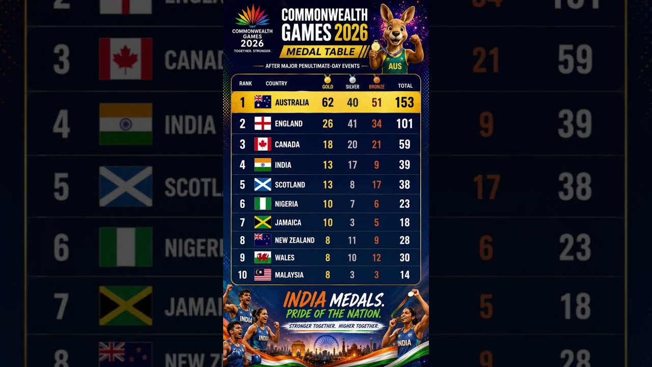 Commonwealth Games 2026 Medals Tally Today🏅India Medal Tally🏅#cwg2026 #glasgow2026 #indiaatcwg