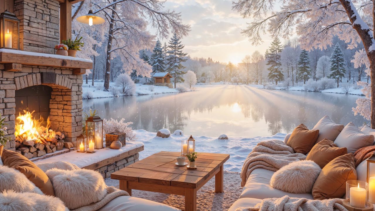 Winter Piano Music Riverside Porch  ❄️ Relaxing Piano Music & Fireplace Ambience for Work, Read
