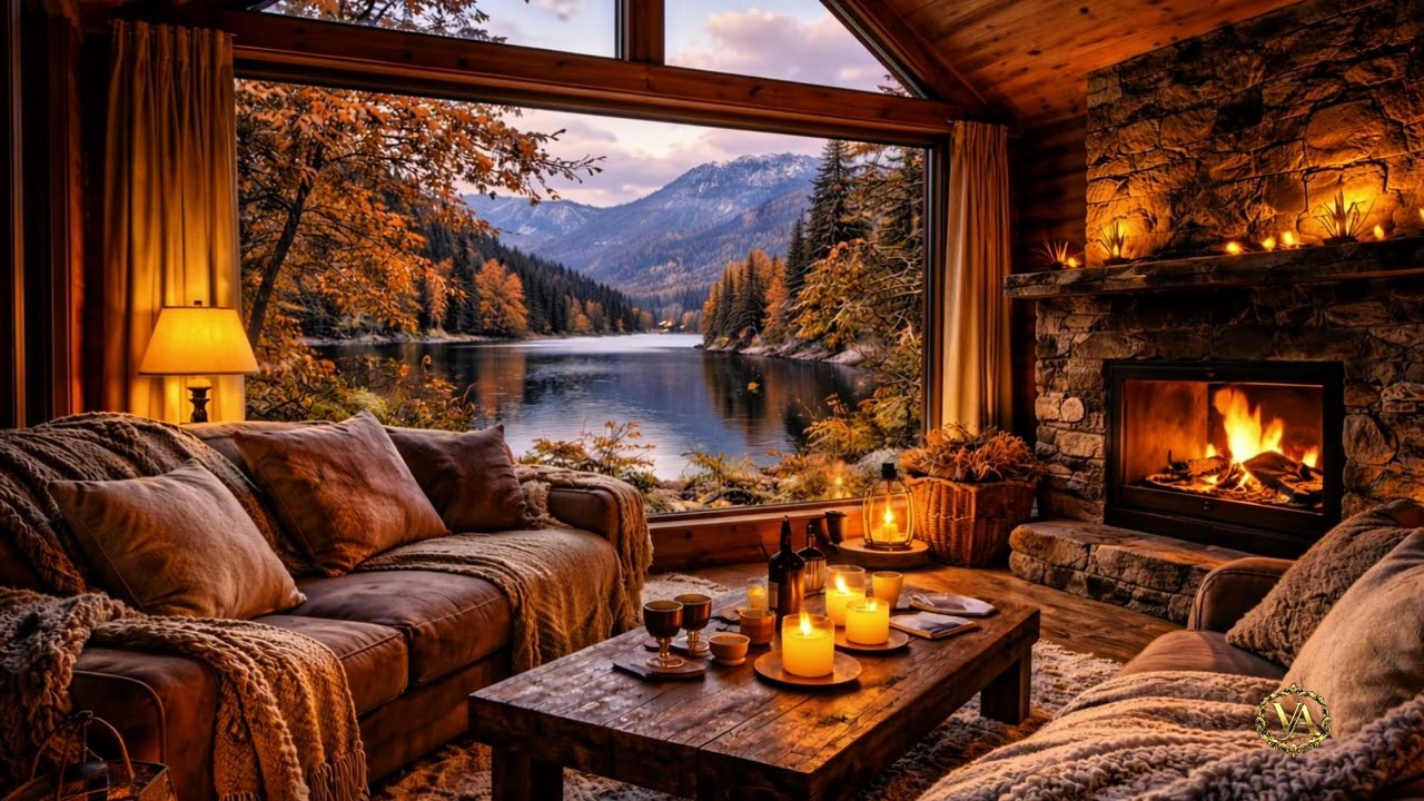 Fall Asleep in Minutes 😴 4K Cozy Cabin by the Lake | Relaxing Fireplace & Autumn Ambience