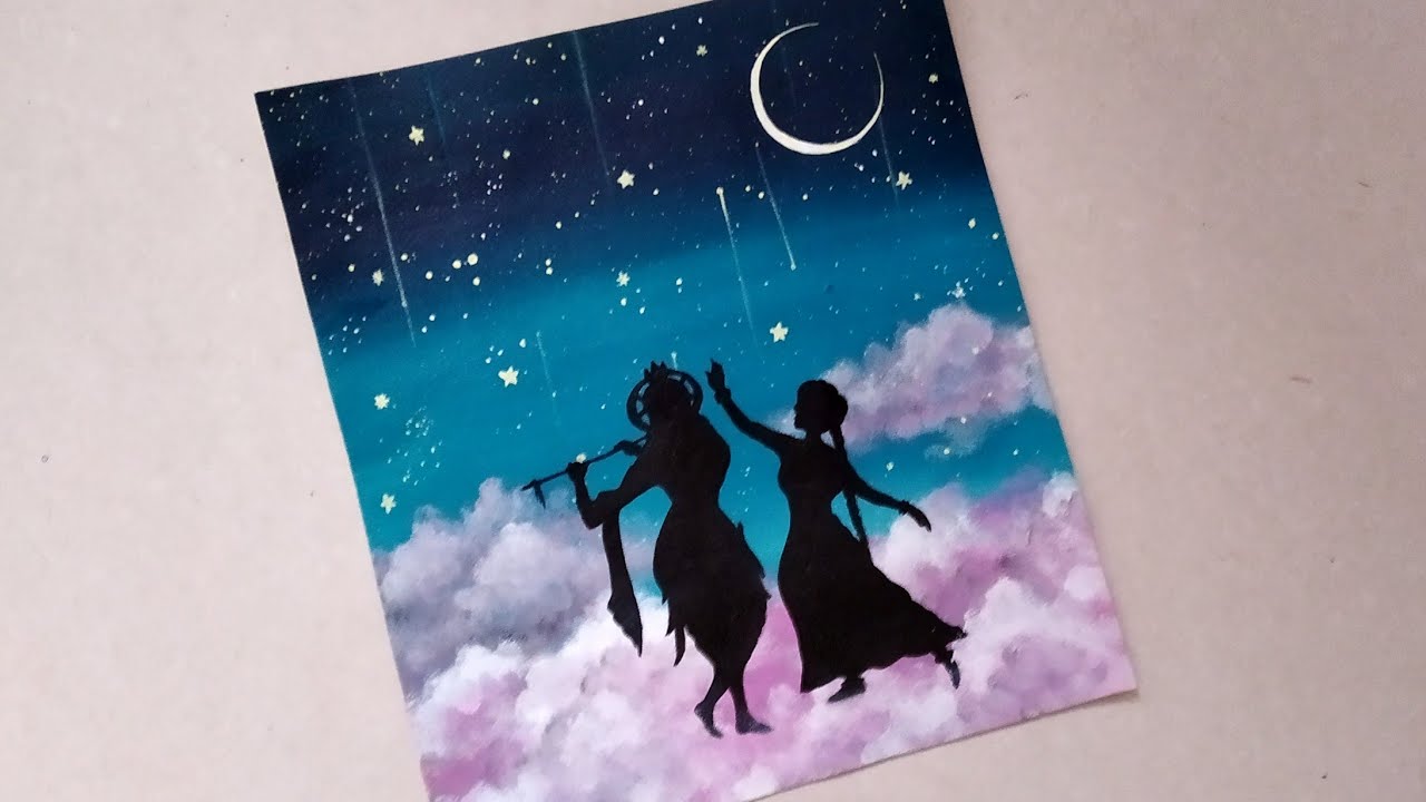 Krishna Janmashtami Drawing(Sponge technique) with Acrylic for beginners|How to draw Radha Krishna|