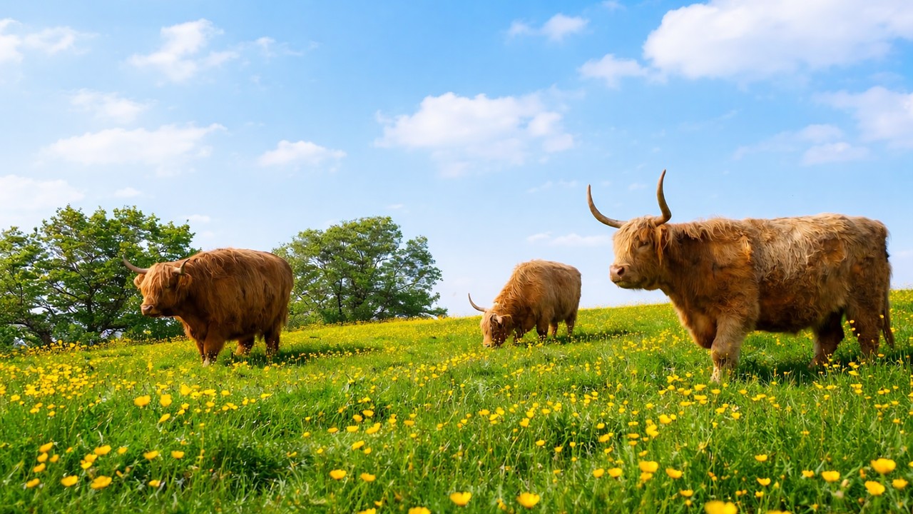 Cows Grazing in a Flower Field Under Blue Sky 🌿 Calm Music  Peaceful Wildlife Views