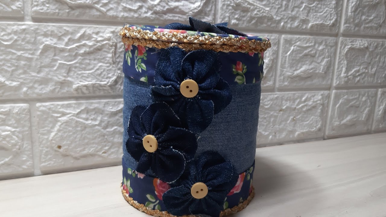 ideia com lata  e tecido jeans.#artesanatoereciclagem#