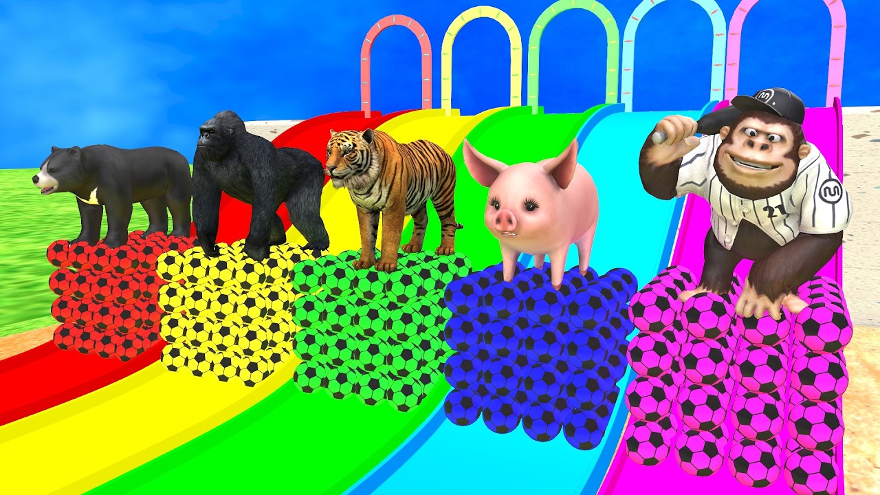 Long Slide Game With Cow Elephant Gorilla Hippopotamus Tiger - 3d Animal Game - Funny 3d Animals 1