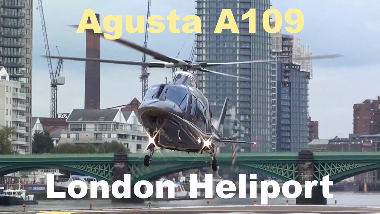 Agusta A109 helicopter landing engine start and takeoff London Heliport