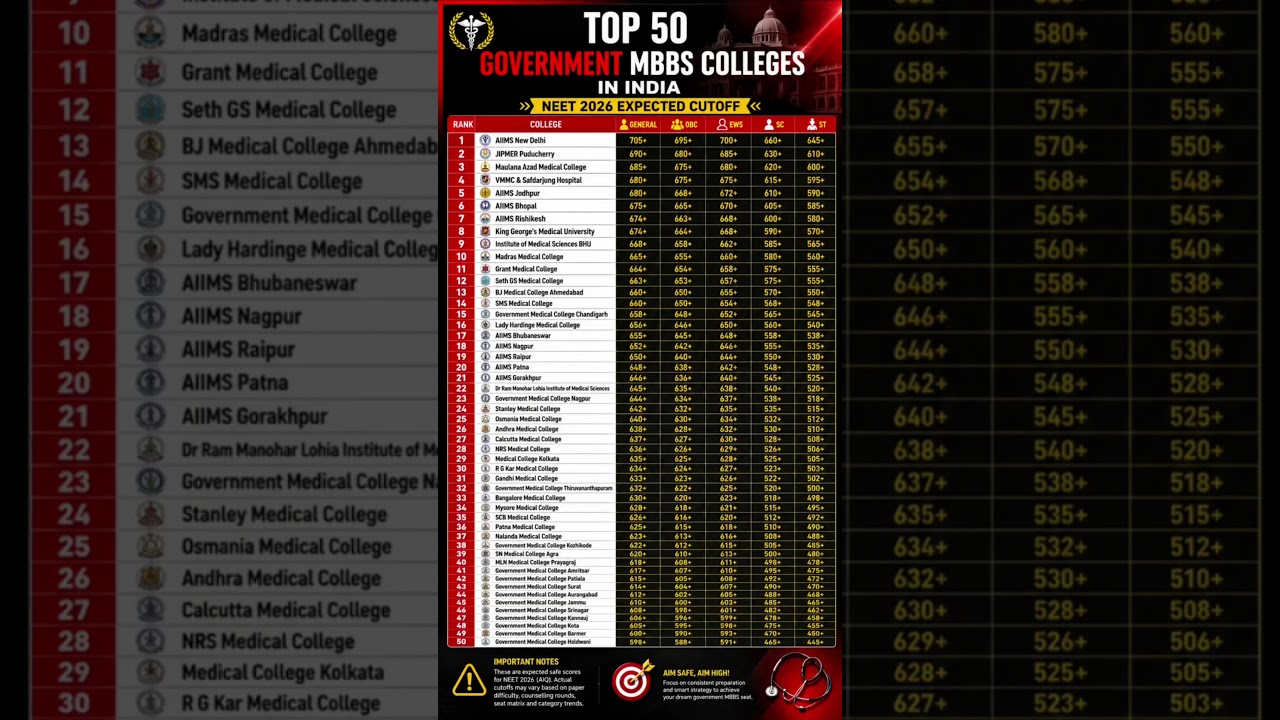 NEET 2026 EXPECTED CUTOFF 😱 TOP 50 GOVERNMENT MBBS COLLEGES 🚨 #neet #neet2026 #neetexam #nta #cutoff