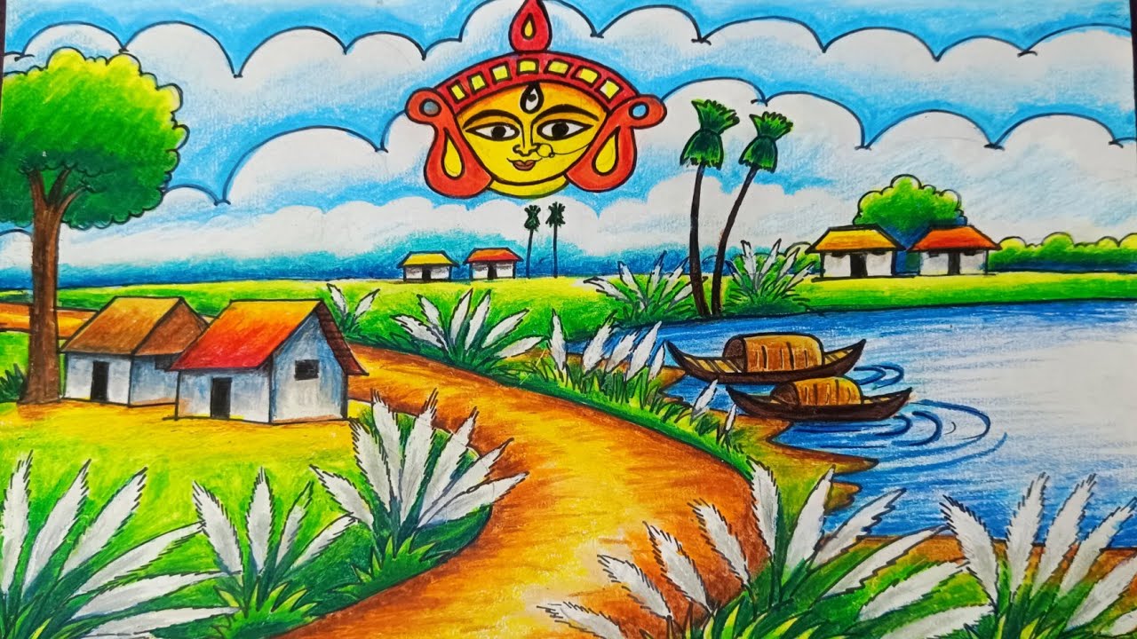 Durga puja Drawing/ Autumn season drawing/ Durga puja scenery Drawing/ Saratkal scenery drawing