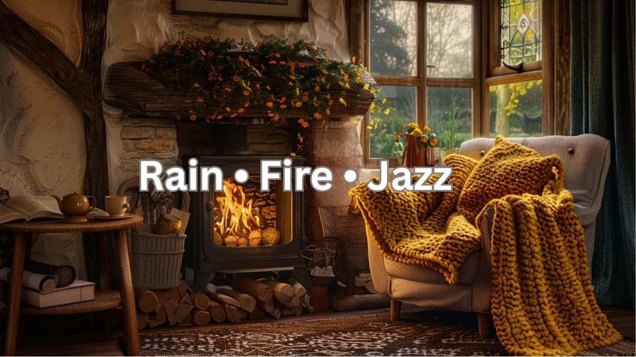 Golden Rainy Cabin ☕🔥 Cozy Fireplace & Smooth Jazz | Relaxing Reading Nook Ambience