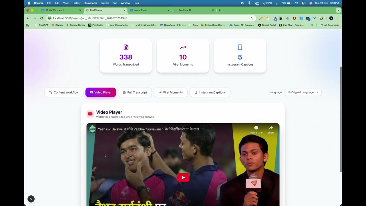 ReelFlow AI: Complete AI-Powered Content Analysis Platform | Motia Hack 2025 | YouTube to Instagram