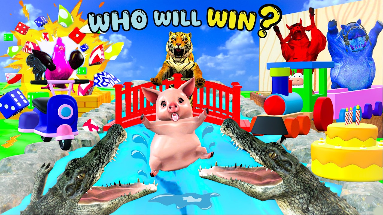 Crazy Animal Obstacle Race! 🐯🐷 Crocodile Bridge & Train Finish 🚂