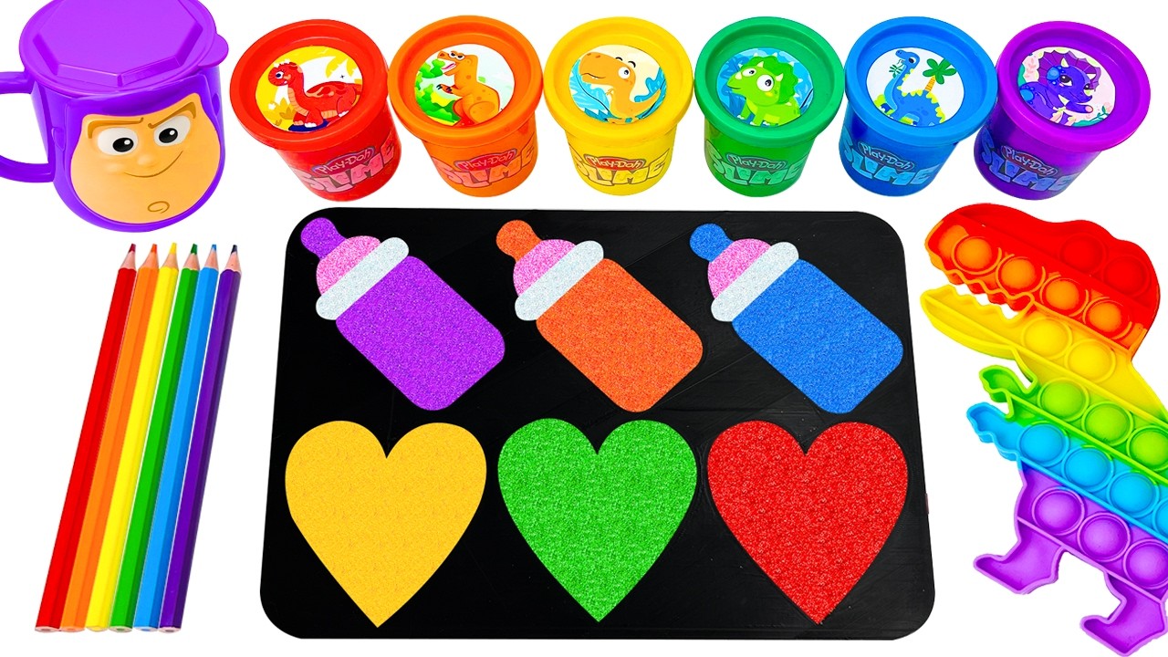 Oddly Satisfying Video l How I Made DIY Glitter 6 BOTTLE HEARTS Mixing Dinosaur Paint Lollipop ASMR