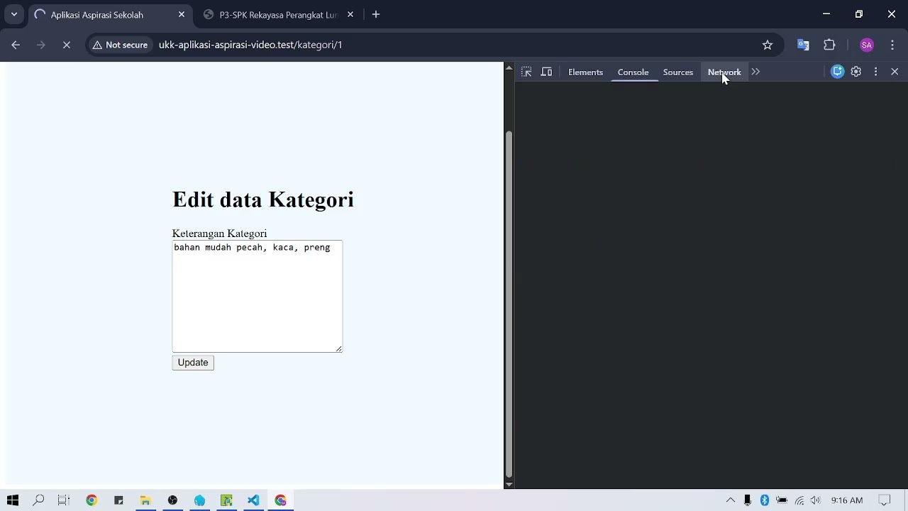 part 8 - ( Edit dan Update data kategori ) - pengaduan aspirasi - UKK RPL 2026 SMK - paket 3