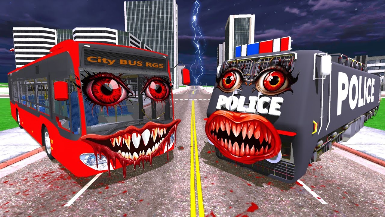 Police Train vs Haunted Bus in Indian Bikes Driving 3d
