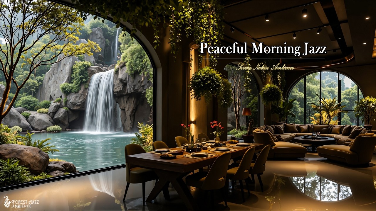 Peaceful Morning Jazz With Waterfall View | Soft Jazz Music In Tranquil Forest To Ease Stress