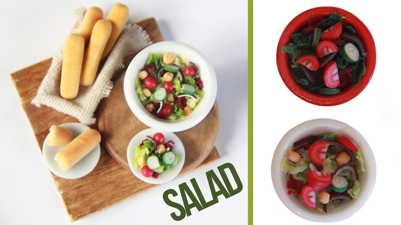 Salads - How to make a miniature salad - Tomatoe - Cucumber - Red Onion - Breadsticks - Polymer Clay