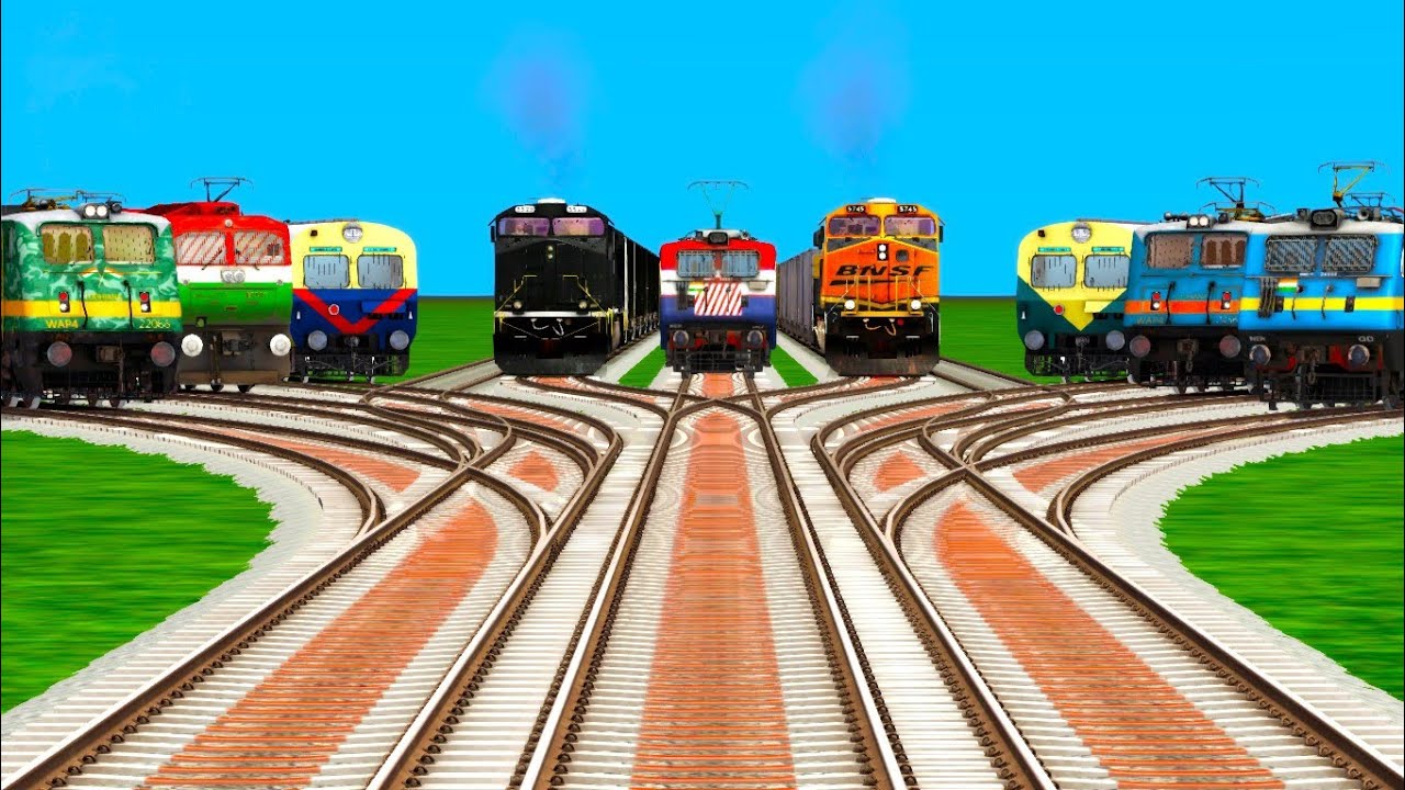 🧬9*Locomotives Trains Crossing by Bumpy Branched Railroad Crossing //train video Gamesplay 2026-27