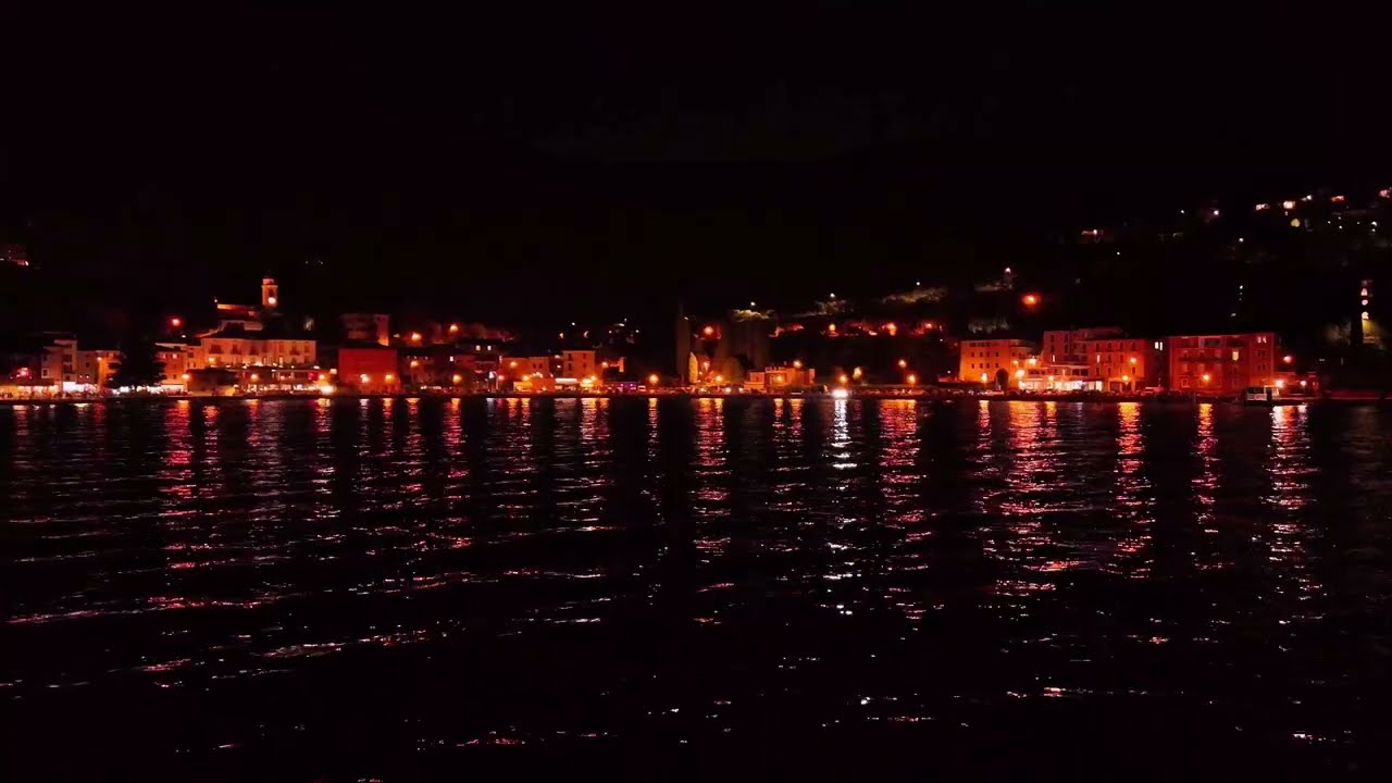 Midnight Aerial Over Gardasee : Illuminated Coastline and City Lights