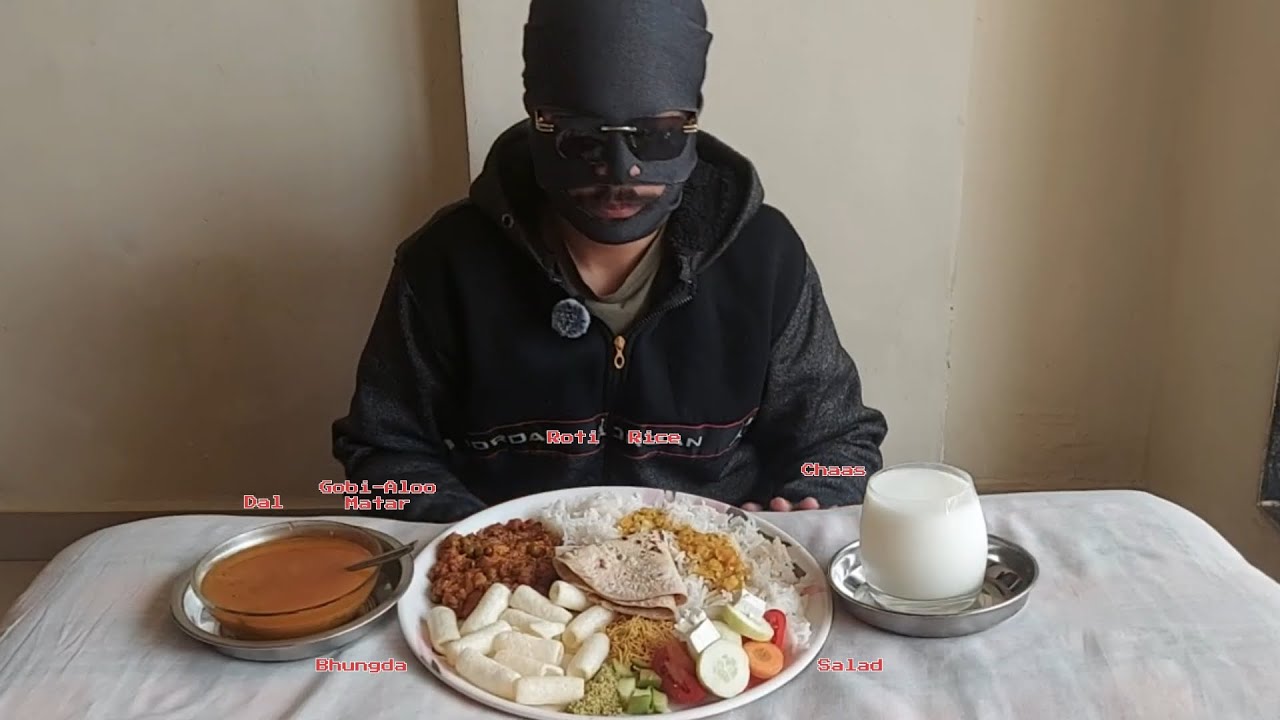 MOM'S STYLE! Eating Huge thali Gobi-Aloo Matar Sabji with Veggies, Roti, Dal, Rice, Chaas |