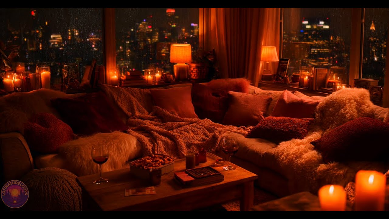 Cozy Rainy City Night 🌧️ Candlelit Living Room Ambience for Sleep, Calm & Peace