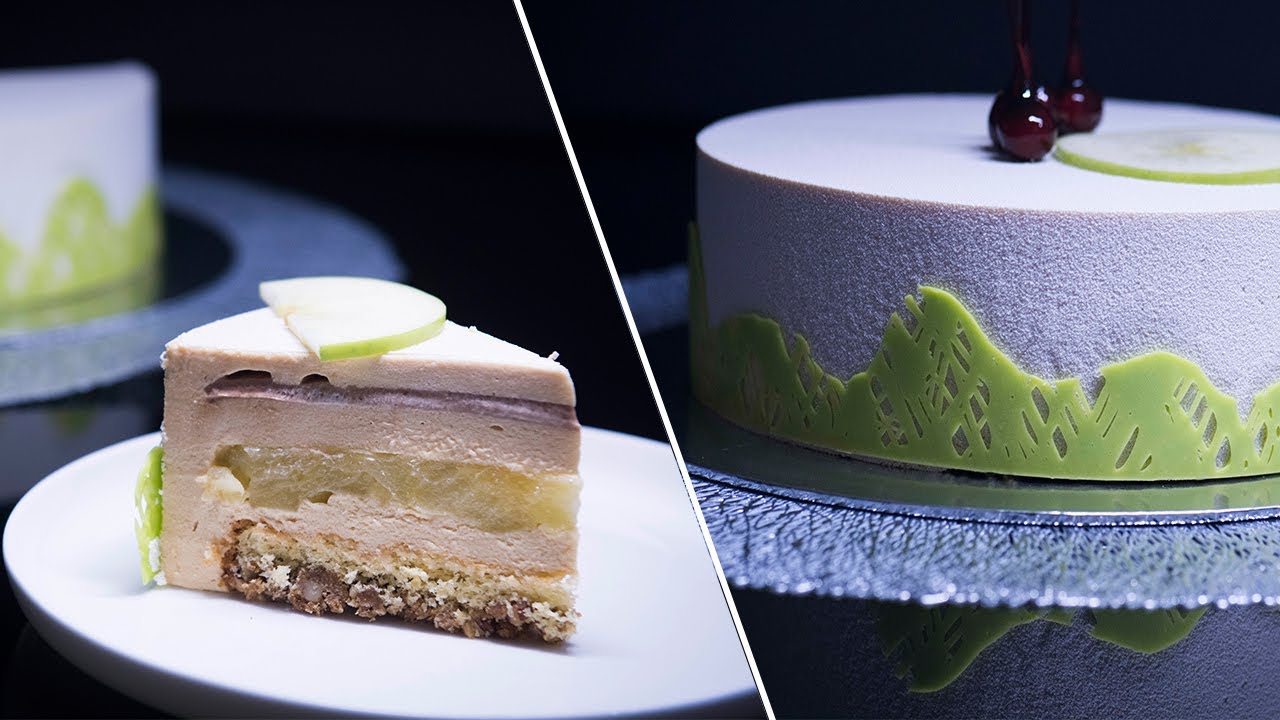 Tort Entremet cu Mere, Caramel, Ciocolata & Pecane / Caramel, Apple, Pecan & Chocolate Mousse Cake