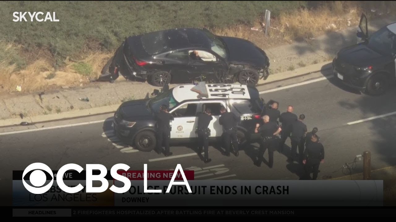 East LA police pursuit ends with crashed suspect vehicle