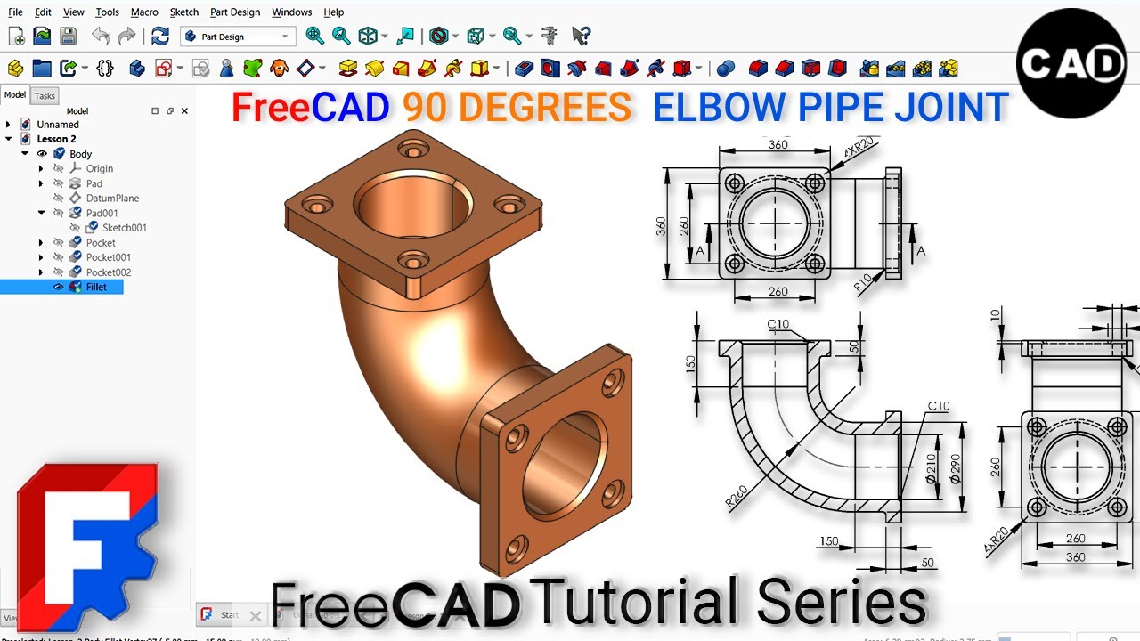 Курс FreeCAD для начинающих | Модуль 1 – Урок 9 | 3D-модель фланца колена трубы 90 градусов. Поша...
